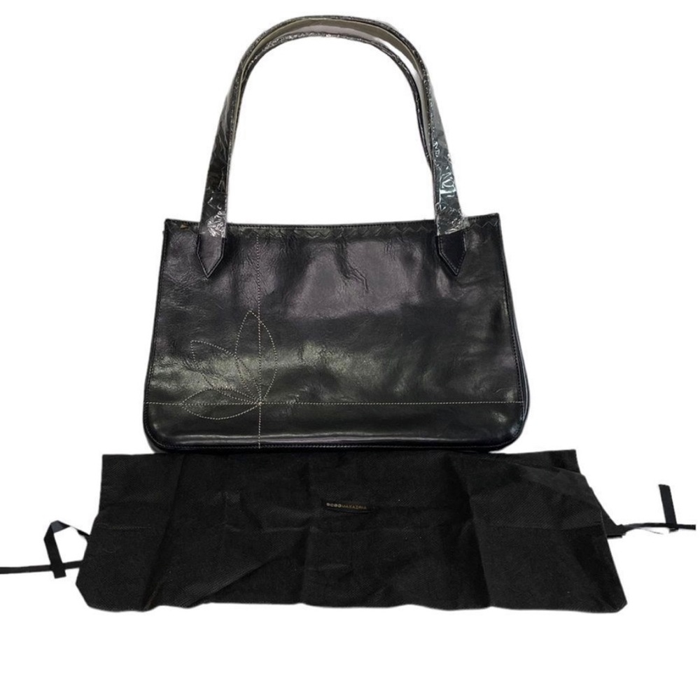 BCBG Paris Black Leather Shoulder Bag with Leaf Stitching